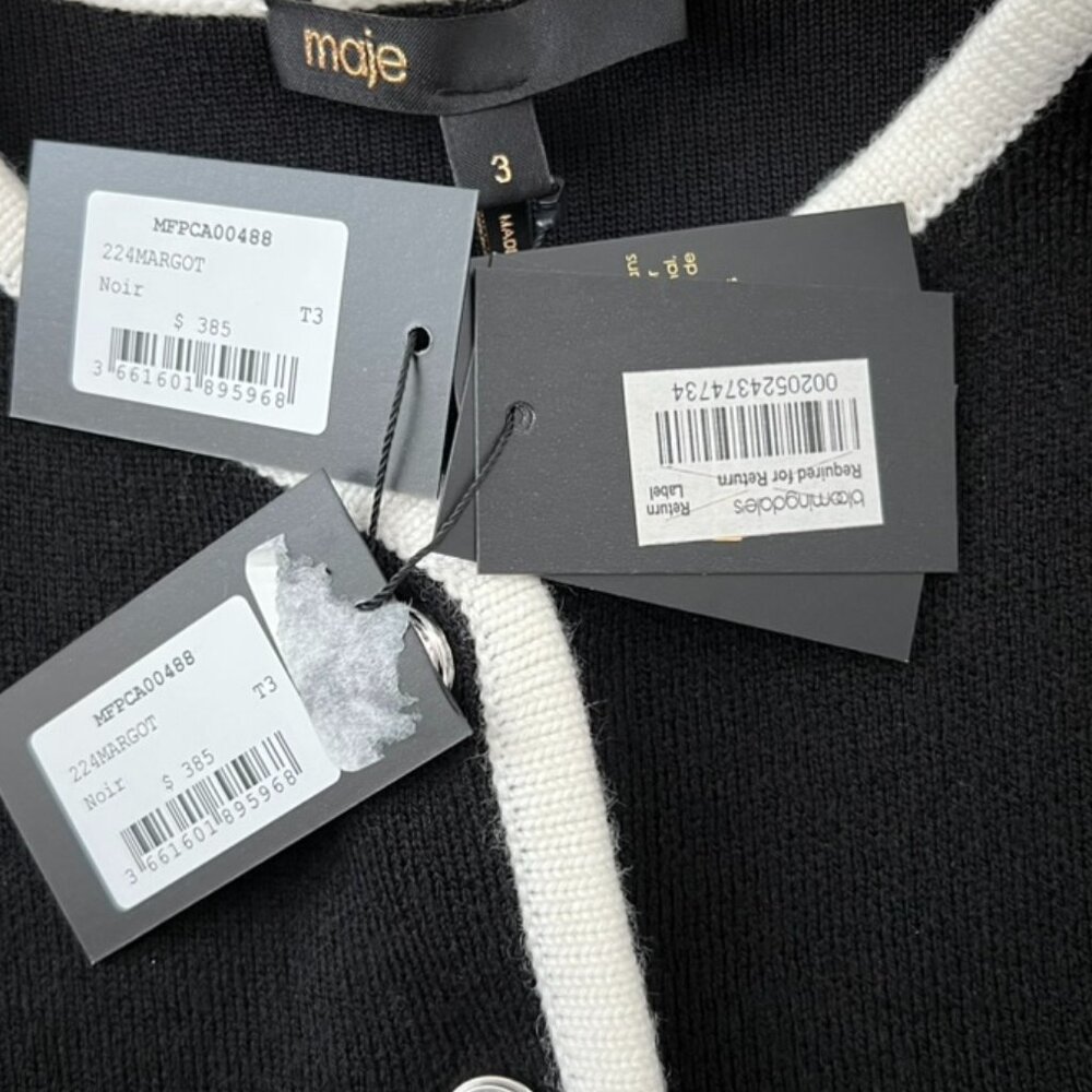 Maje Margot Knit Cardigan in Black snap front contrast trim Parisian Chic NWT - Picture 7 of 9